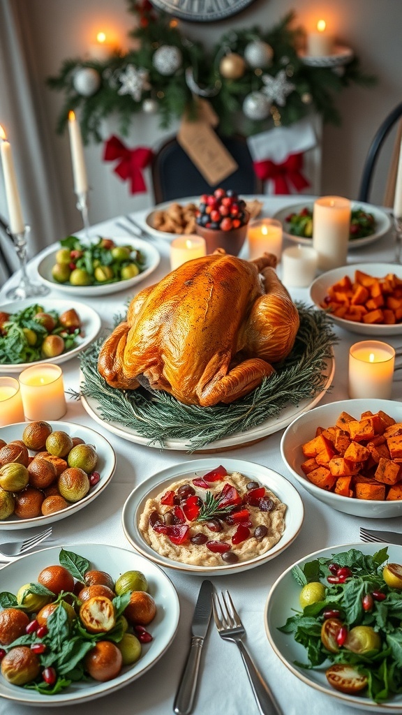 Healthy Christmas Dinner Menu A festive healthy Christmas dinner with roasted turkey, Brussels sprouts, sweet potatoes, and salad on a decorated table.